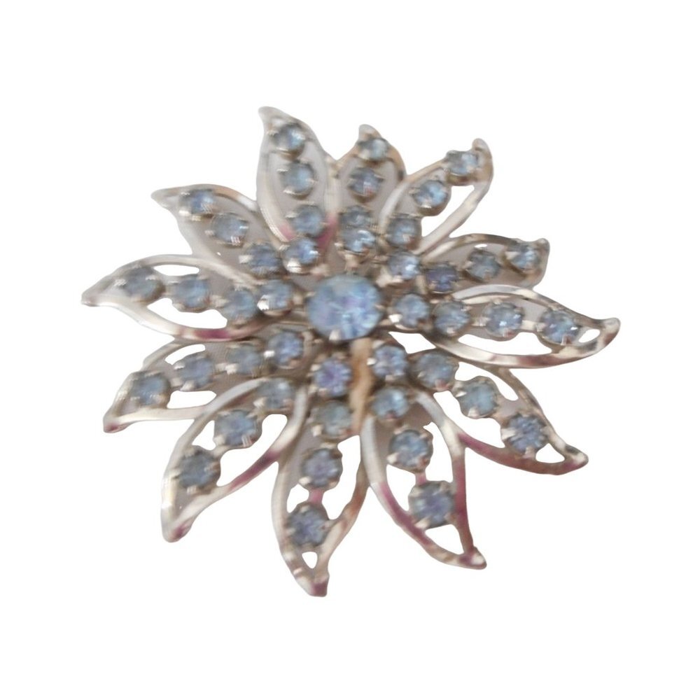 Vintage Estate Costume Floral Blue Rhinestone Silver Brooch Pin - Picture 1 of 2